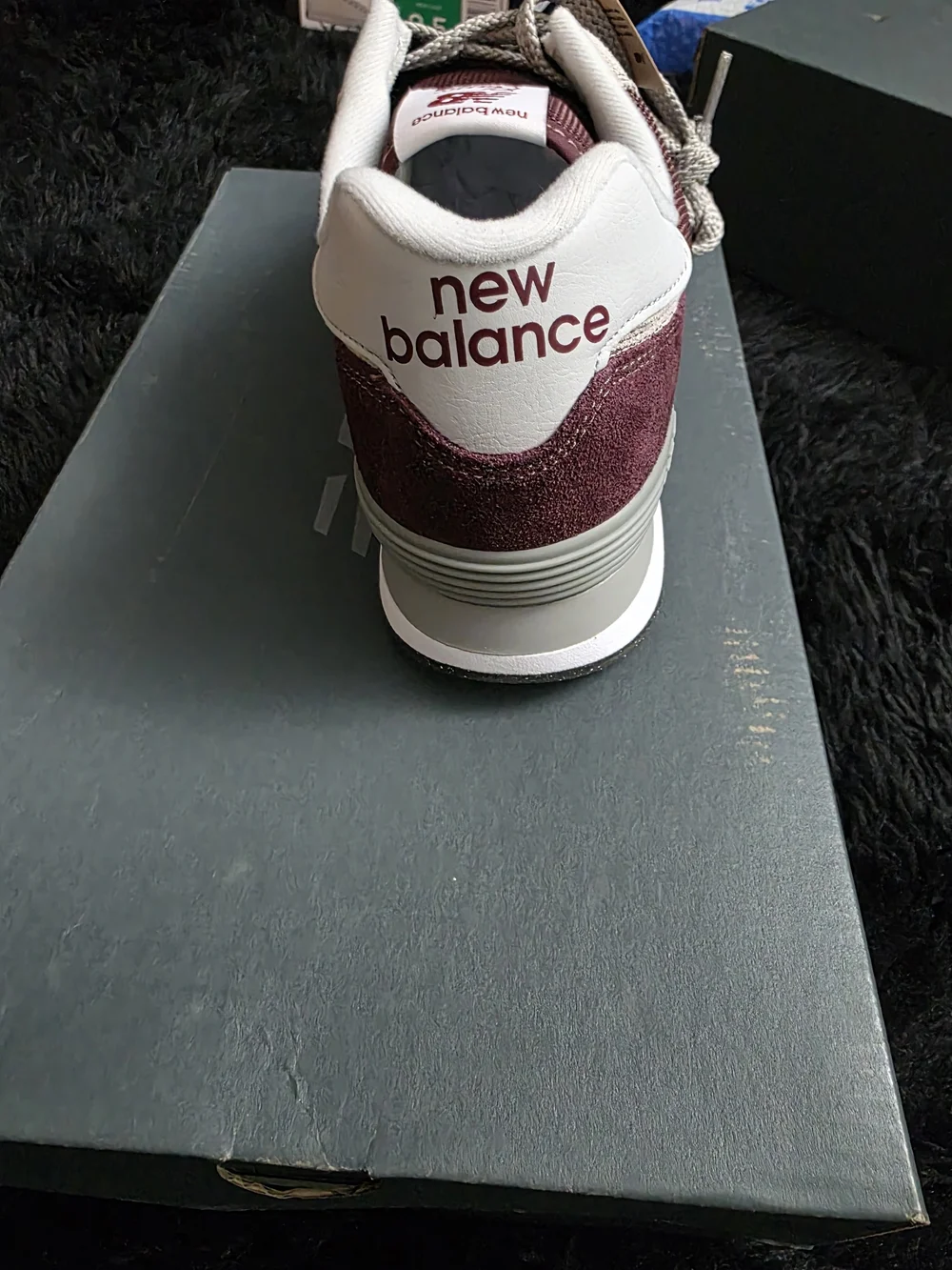 New Balance Burgundy & White Suede Sneaker (Rear View)